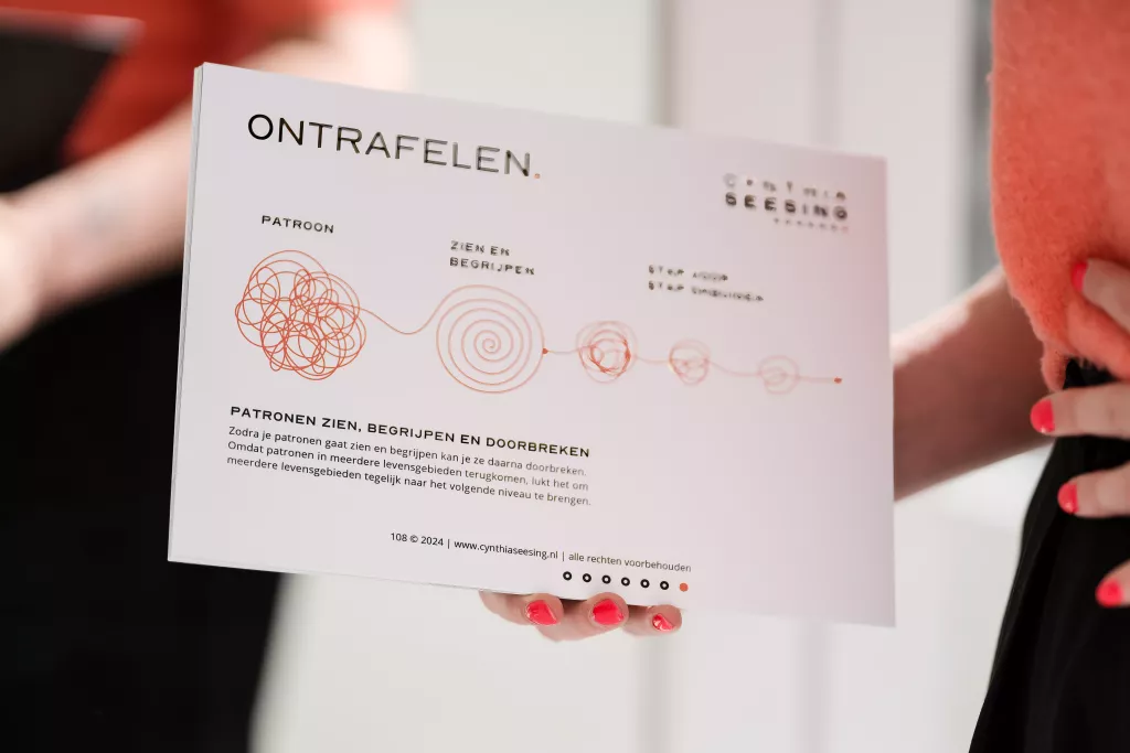 Roze kaart met de titel 'Ontrafelen' en een schematische tekening van een vertakt proces, van bovenaf gefotografeerd.